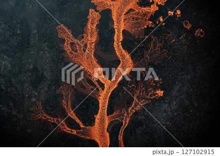 Aerial view of the texture of a solidifying lava field Aerial view of the texture of a solidifying lava field 127102915