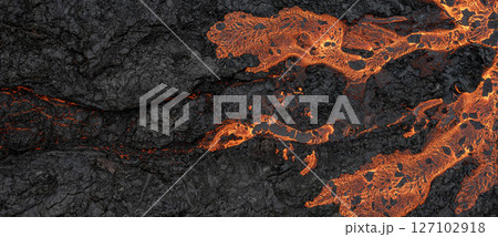 Aerial view of the texture of a solidifying lava field 127102918