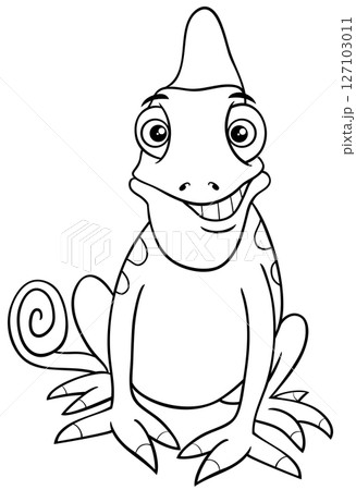 happy cartoon chameleon reptile animal character coloring page 127103011