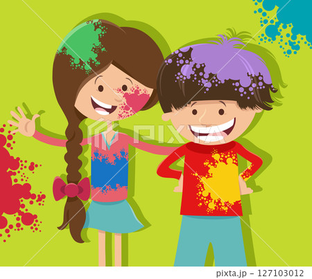 happy cartoon girl and boy having fun on party with color powders happy cartoon girl and boy having fun on party with color powders 127103012