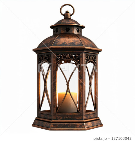 Copper Metal Candle Lantern with Glass Panels 127103042