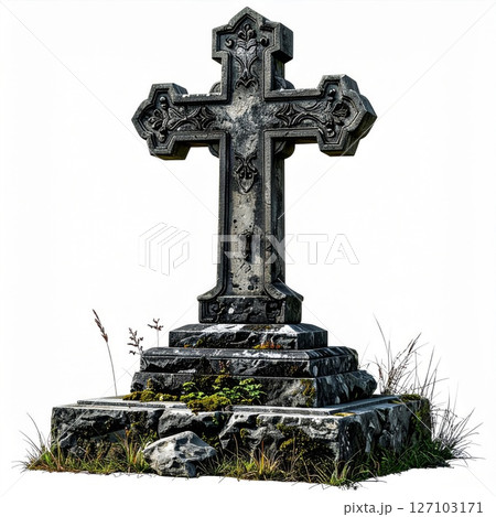 Weathered Stone Cross Gravestone on a White Background Weathered Stone Cross Gravestone on a White Background 127103171