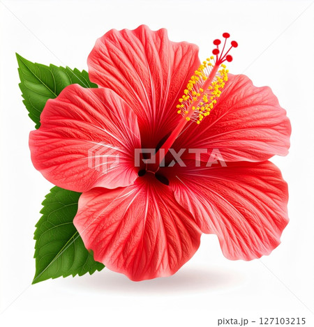 Red Hibiscus Flower with Green Leaves on White 127103215