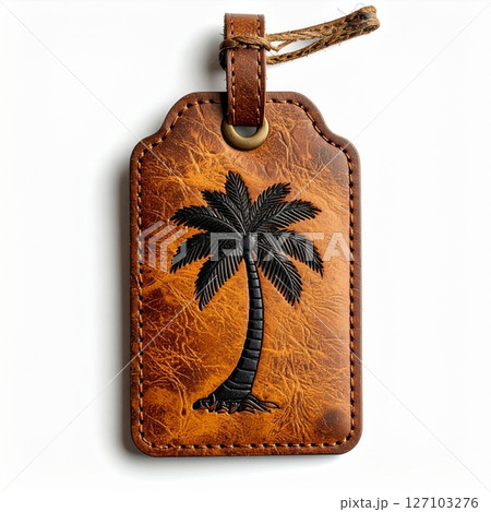 Brown Leather Luggage Tag with Embossed Palm Tree 127103276