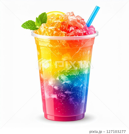Rainbow Shaved Ice Drink in Plastic Cup Rainbow Shaved Ice Drink in Plastic Cup 127103277