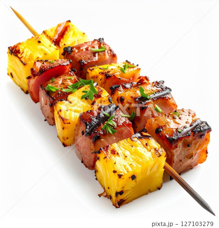 Grilled Pineapple And Ham Skewers On White Background 127103279