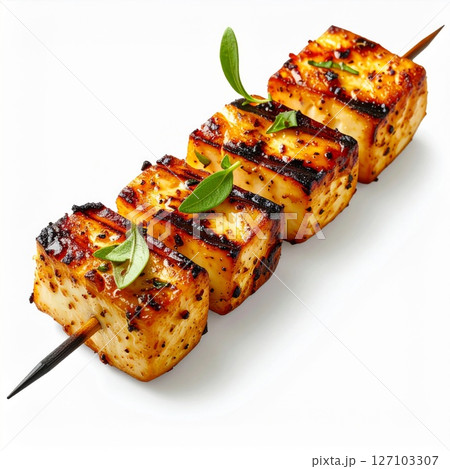 Grilled Cheese Skewers with Herbs on White Background 127103307