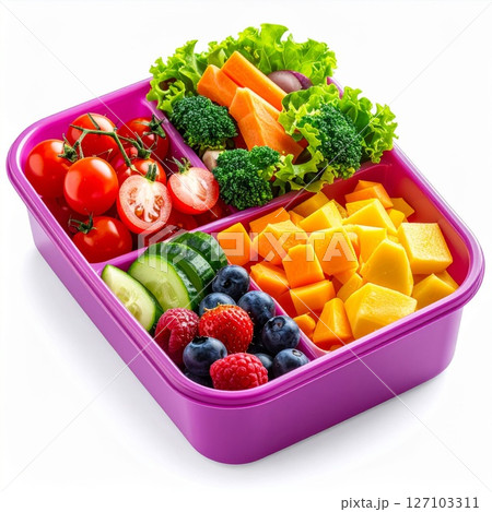 Colorful Healthy Lunch Box with Fresh Fruits and Vegetables 127103311