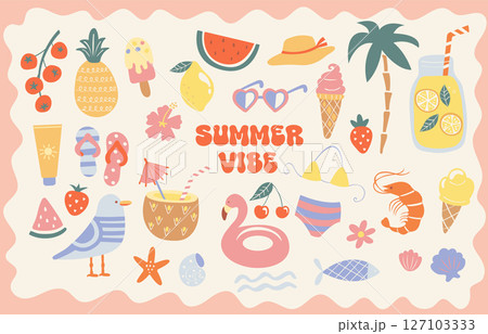 Set of hand drawn summer icons,funny doodle holiday beach elements-watermelon,lemon,ice cream,palm,drinks, cocktail. Isolated elements for scrapbooking summer vibe. Perfect for templates,web.Vector 127103333