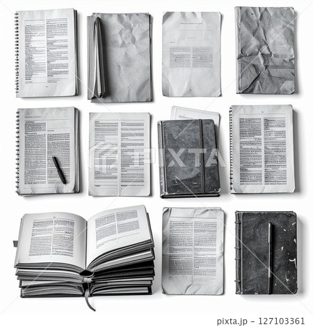 Collection of Vintage Books and Documents in Grayscale 127103361