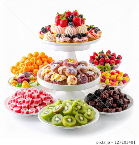 Colorful Dessert Platter with Cakes, Candies and Fruit 127103481