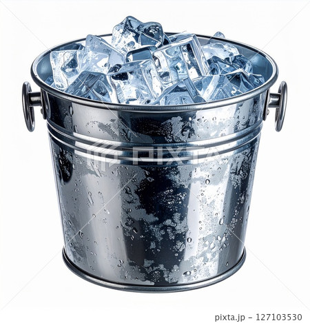 Metal Ice Bucket Filled With Ice Cubes on White Background 127103530