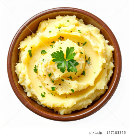 Creamy Mashed Potatoes in Brown Bowl 127103556
