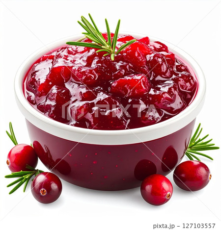 Red Cranberry Sauce in White Bowl with Rosemary 127103557