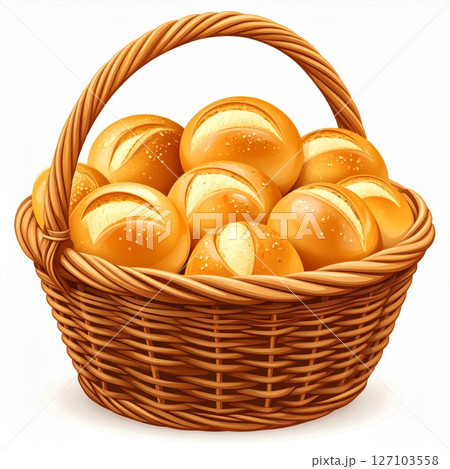 Golden Brown Bread Rolls in Wicker Basket 127103558