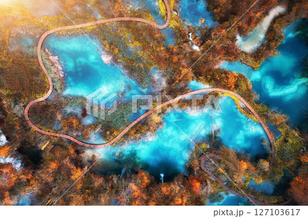 Aerial view of blue lakes in red autumn forest at sunrise Aerial view of blue lakes in red autumn forest at sunrise 127103617