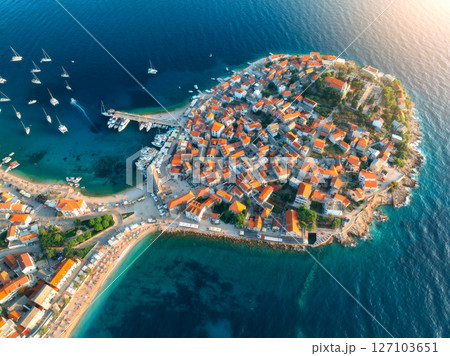 Aeriel view of old town on island and blue sea at sunset. Summer 127103651