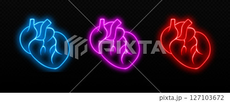 Neon anatomical hearts in vivid colors against a dark background 127103672