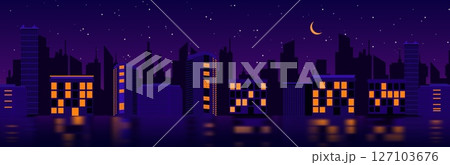 City panorama at night with silhouetted buildings and crescent moon in starry sky City panorama at night with silhouetted buildings and crescent moon in starry sky 127103676