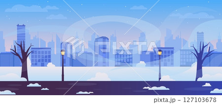 Winter city panorama with snowy urban skyline and bare trees silhouette Winter city panorama with snowy urban skyline and bare trees silhouette 127103678