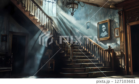 Haunted vintage mansion. An old abandoned house with stairs in semi-darkness, paintings of ghosts, monsters, beasts on the walls. Halloween backdrop. This is AI-generated item Haunted vintage mansion. An old abandoned house with stairs in semi-darkness, paintings of ghosts, monsters, beasts on the walls. Halloween backdrop. This is AI-generated item 127103681