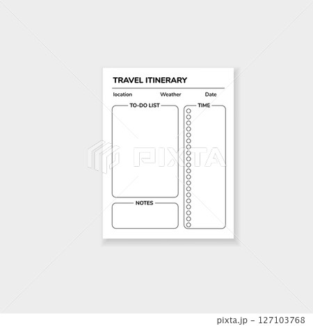 Travel itinerary template with to do list and schedule for organized trip planning Travel itinerary template with to do list and schedule for organized trip planning 127103768
