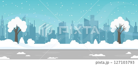 Panorama of winter city silhouette with snow-covered trees and urban skyline in the distance Panorama of winter city silhouette with snow-covered trees and urban skyline in the distance 127103793