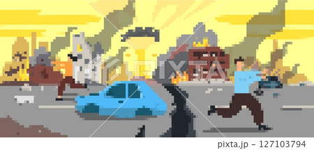 Mosaic pixel art scene with running figures and damaged buildings in distressed setting 127103794