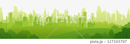 City panorama with modern silhouettes and green urban landscape in abstract style 127103797