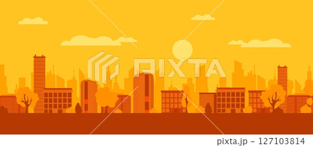 City panorama silhouette of skyscrapers and trees in vibrant warm colors on a sunny day City panorama silhouette of skyscrapers and trees in vibrant warm colors on a sunny day 127103814