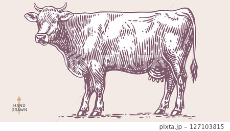 Cow, bull, beef. Retro style beef bull sketch, vintage cow drawing black white, old ink pencil artwork. Bull silhouette, side view cow profile, engraved beef print. Vector Illustration 127103815