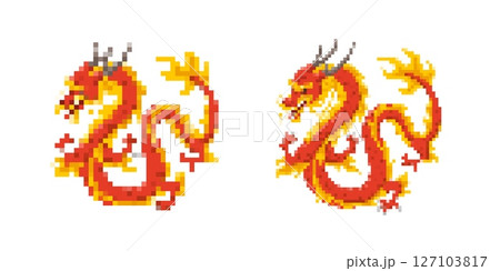 Mosaic pixel dragon icon with vibrant colors and retro sprite style for digital art 127103817