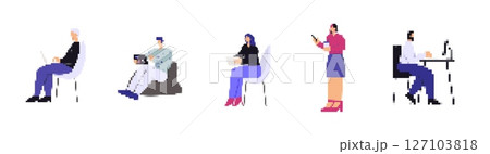 Mosaic pixel art style icons depicting people engaged in various computer related activities 127103818