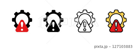 Icon collection featuring warning signs and settings gears in various design styles Icon collection featuring warning signs and settings gears in various design styles 127103883
