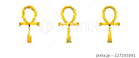 Mosaic pixel ankh symbols in retro sprite style with golden color and simplistic design 127103891