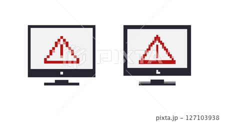 Mosaic pixel warning icon with red triangle and exclamation on computer screen 127103938