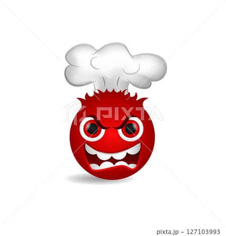 Devilish emoji with red flames, aggressive look, and furious emotion. 127103993
