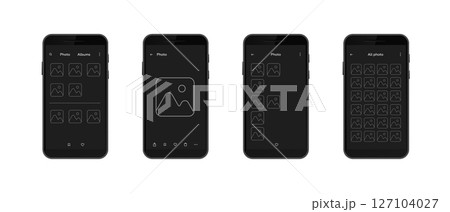 Smartphone displaying photo gallery app interface with album thumbnails and icons 127104027