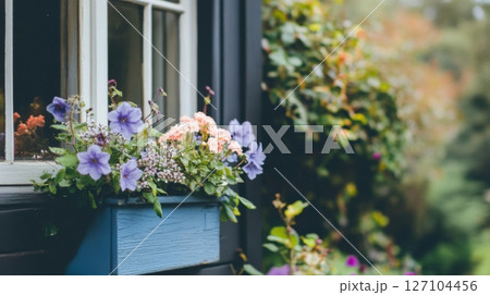 Blooming window box showcasing cottagecore rustic charm in a farmhouse setting surrounded by lush greenery 127104456