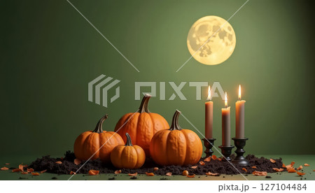Pumpkins and candles under full moon. Mysterious Halloween mood. 127104484