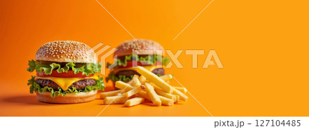 Cheeseburgers with fries on vibrant orange background, fast food concept with bold color and appetizing detail. 127104485