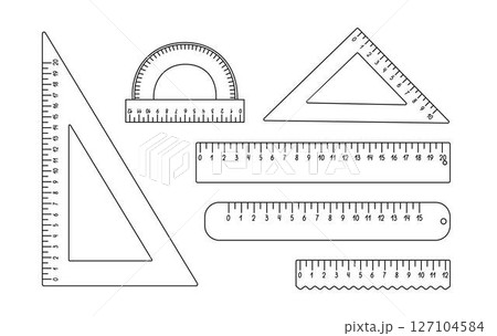 School rulers set, triangular, protractor measuring instrument for maths lessons hand drawn outline vector illustration, back to school vocabulary object, centimetre scale doodle linear image 127104584