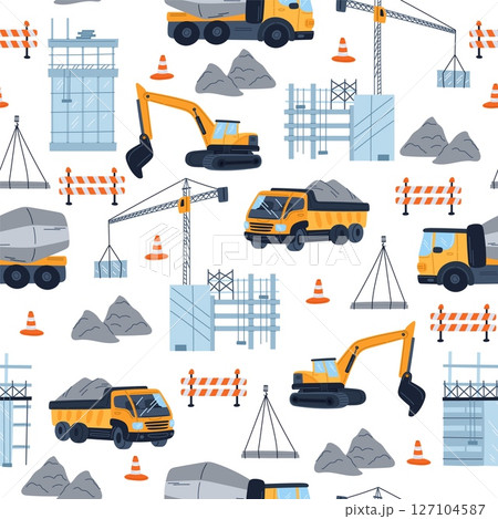 Building construction seamless pattern. Industrial equipment. Excavators and cargo trucks. Repeated print. Cement mixers. Bulldozers and crane loaders. Unfinished house. Vector background 127104587
