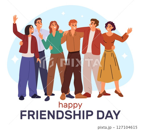 International Friendship Day greeting card. Friends hugging and having fun. Men and women embrace. People standing together in cuddles. Celebration party. Vector holiday event banner International Friendship Day greeting card. Friends hugging and having fun. Men and women embrace. People standing together in cuddles. Celebration party. Vector holiday event banner 127104615
