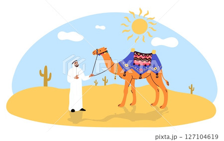 Man in light colored traditional clothes leads camel across sand in desert landscape. Male Arabian walk with animal. Bedouin caravan. Adventure travel. Sahara journey. Vector concept 127104619