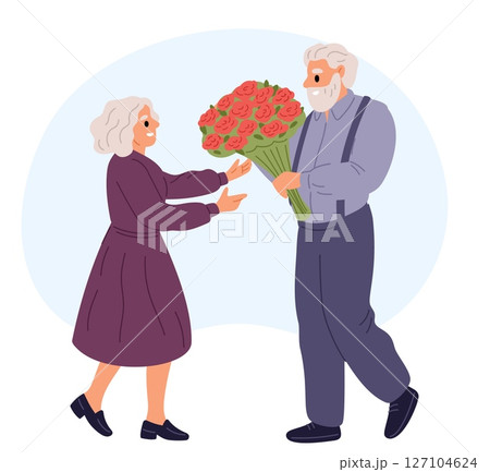 Old man gives elderly woman big bouquet of red flowers. Senior couple date. Retired boyfriend gifting roses to girlfriend. Romantic relationship. Valentine day surprise. Vector concept Old man gives elderly woman big bouquet of red flowers. Senior couple date. Retired boyfriend gifting roses to girlfriend. Romantic relationship. Valentine day surprise. Vector concept 127104624