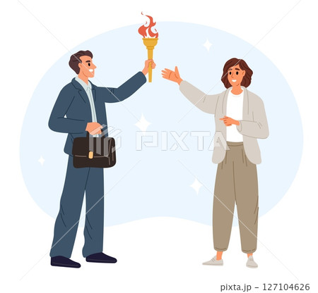 Passing leaders burning torch to newly elected chief. Competition winner. Business leadership. Flambeau combustion. People holding torchlight ignition. Challenge victory. Vector concept 127104626