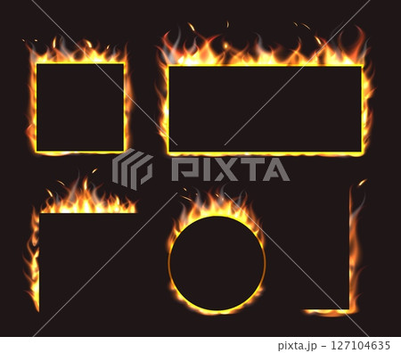Realistic fire border. Rectangular or round blazing frame. Burning corner. Inferno firewall. Ignition heat. Glowing flames. Different geometric shapes. Fiery effect elements vector set Realistic fire border. Rectangular or round blazing frame. Burning corner. Inferno firewall. Ignition heat. Glowing flames. Different geometric shapes. Fiery effect elements vector set 127104635