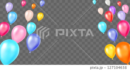 Realistic inflatable balloons of different colors flying upwards set on transparent background. Inflated balls frame. Holiday celebration. Birthday 3D decoration. Vector festive backdrop 127104638