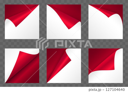 Realistic paper flyer with bent corners on transparent background. Glossy sticker edge. Sticky notepaper. Peeled tag. Turn page. Folded sheet. Metallic cover. Vector 3D empty labels set 127104640